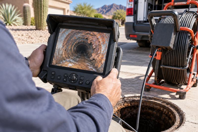Sewer inspection camera monitor showing rust scale inside an old cast iron pipe