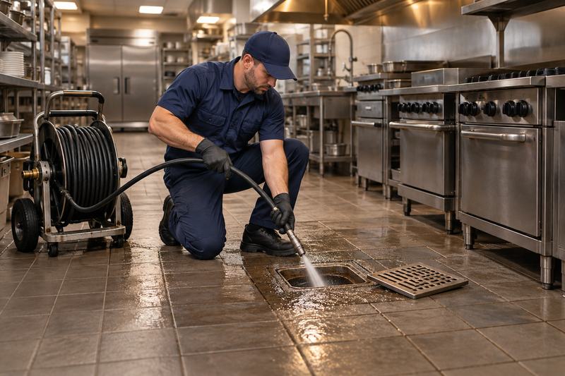 Technician jetting a floor drain in a commercial restaurant kitchen