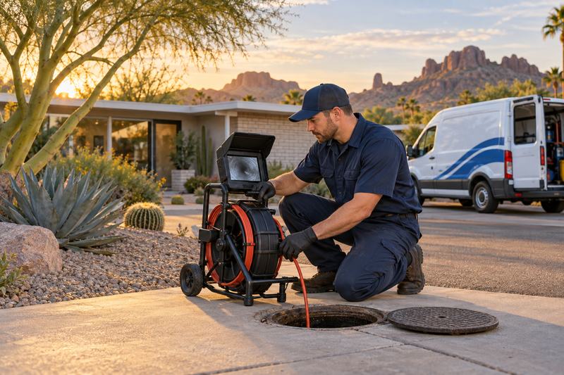 Drain technician running a sewer camera inspection at a ranch home with desert landscaping in Tempe, Arizona