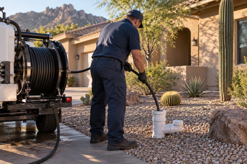 Technician feeding a hydro jetting hose into an outdoor sewer cleanout at a desert stucco home